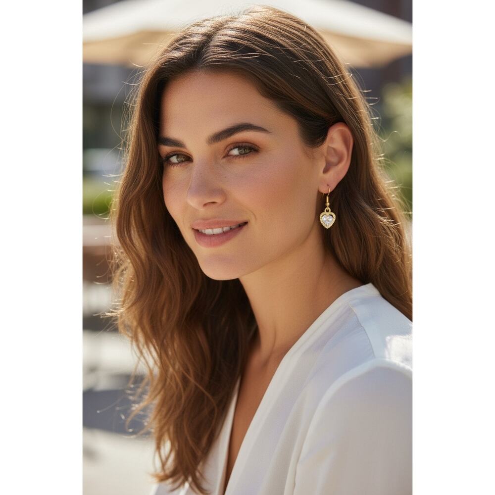 Handmade gold-toned heart drop‎ earrings with white gemstones Hypoallergenic
